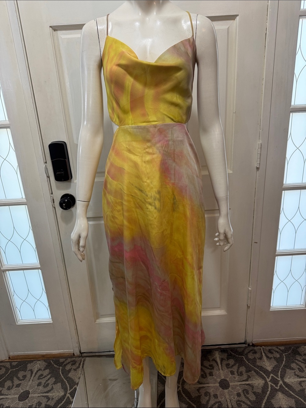 ACOA Yellow Pink Marble Slip Dress with Cowl Neck Size Medium A1